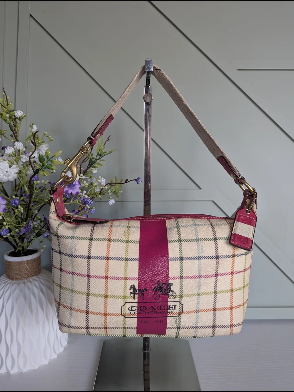 Coach Cream Plaid Canvas Shoulder Bag with Pink Accent